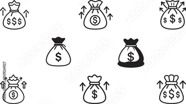 Fototapeta Set of vector illustrations showcasing different money bag designs symbolizing wealth, savings, and financial progress. Ideal for business, finance, or economic themes