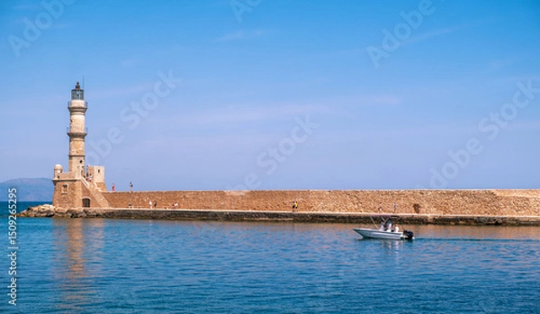 Obraz Chania Crete. Lighthouse at old venetian harbour, blue sky