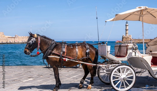 Obraz Chania Crete. Horse carriage and the lighthouse at the old venetian harbor