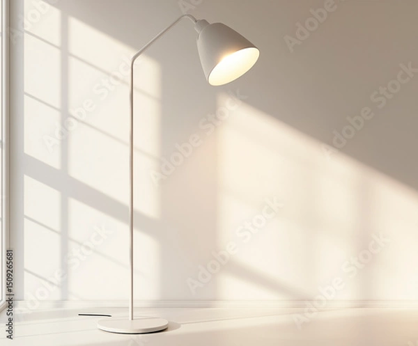Fototapeta Floor lamp in a modern living room illuminated cinematically by natural light coming through a window.