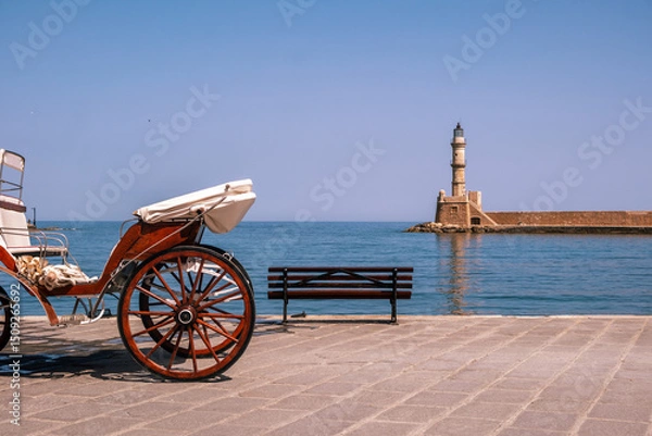 Obraz Chania Crete. Empty horse carriage and a bench with view to lighthouse, old venetian port