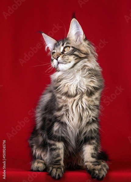 Fototapeta Beautiful Maine Coon kitten on a red background.