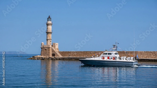 Obraz Chania Crete. A boat and lighthouse at old venetian port, blue sky