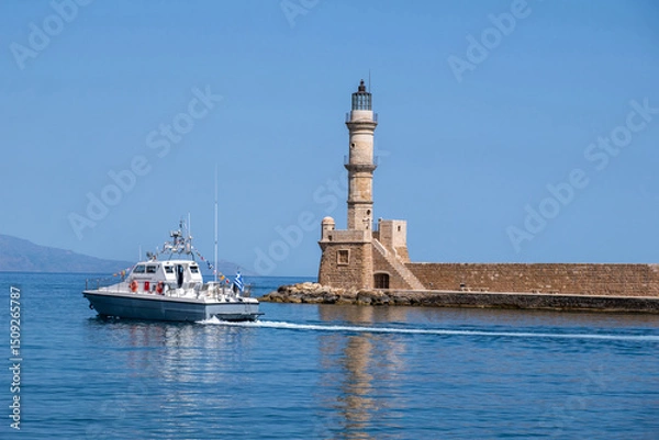Obraz Chania Crete. A boat and lighthouse at old venetian port, blue sky