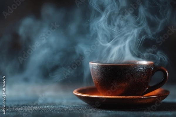 Fototapeta Steaming ceramic coffee cup on dark background with rising vapor swirl effect.