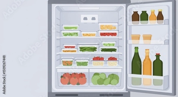 Obraz Open refrigerator showcasing various food items in containers and bottled beverages