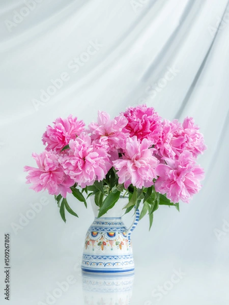 Obraz portrait view to bouquet of pink peonies with white background