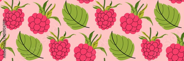 Fototapeta Pink raspberry with foliage seamless pattern on pink background. Spring garden background. Summer berry menu, cold drinks. Perfect for textile, menu, packaging, kitchen design. Flat vector