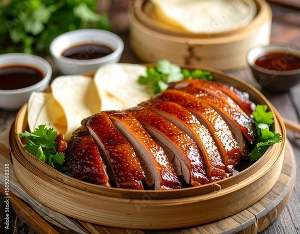 Obraz Sliced Peking duck on a wooden plate with pancakes and sauces