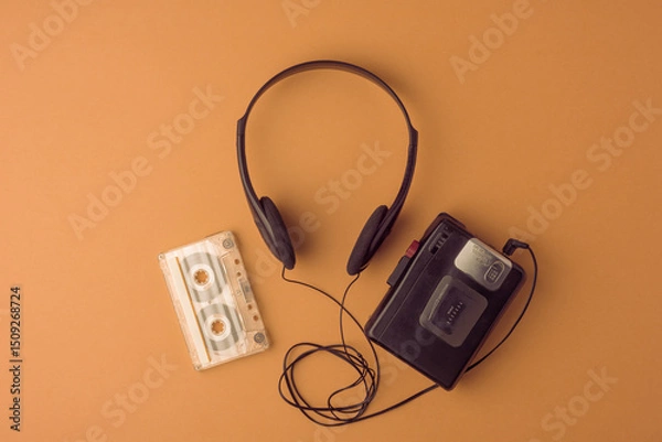 Fototapeta Classic cassette player, headphones, and tape on brown background spark warm memories of the 90s. Large copy space for any project.