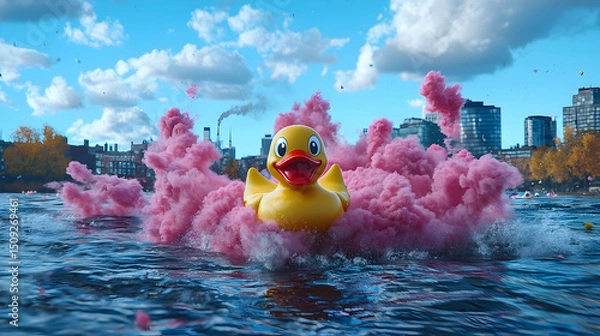 Obraz Yellow Rubber Duck in Pink Smoke Cloud Explosion on Water with City Background
