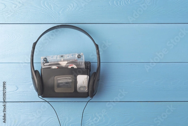 Fototapeta Retro cassette player with classic headphones on blue wooden boards brings a nostalgic vibe of the '90s, with empty space for text.