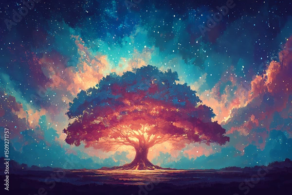 Fototapeta A vivid fantasy tree glowing beneath a dramatic star-filled sky, symbolizing life, energy, and cosmic connection in magical landscapes.