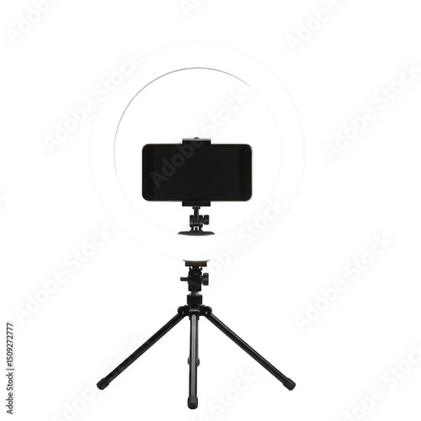 Fototapeta Ring light with smartphone isolated on transparent background for video calls, streaming, and photography uses.