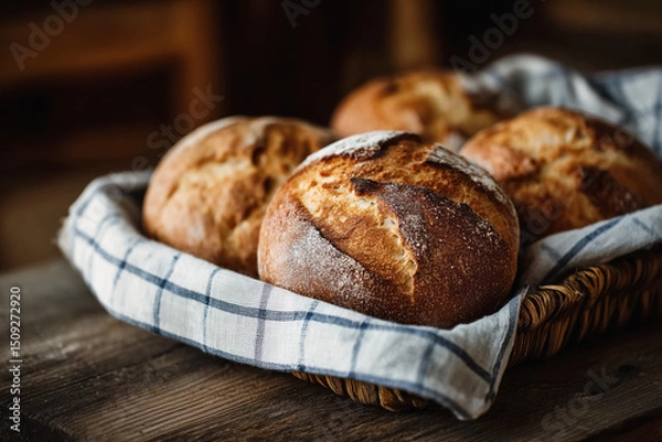Fototapeta Bread in a basket on a wooden board