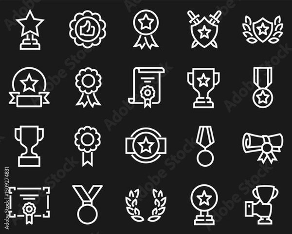 Fototapeta Line icon set of awards, trophies, medals, certificates, and achievement symbols. Perfect for UI, competition results, recognition badges, and success-related designs.