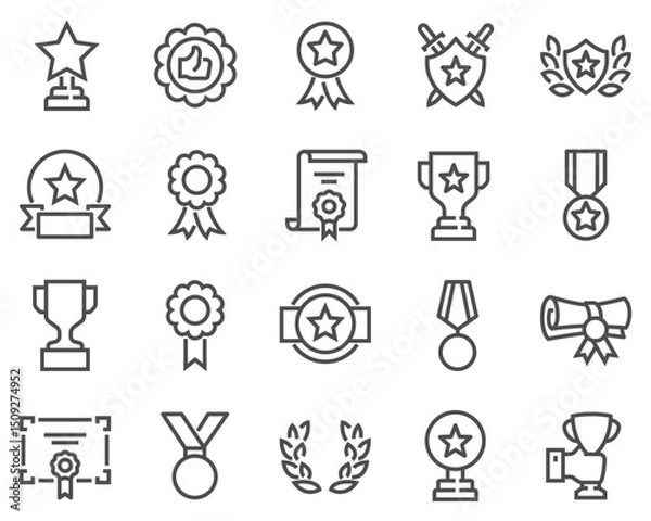 Fototapeta Line icon set of awards, trophies, medals, certificates, and achievement symbols. Perfect for UI, competition results, recognition badges, and success-related designs.