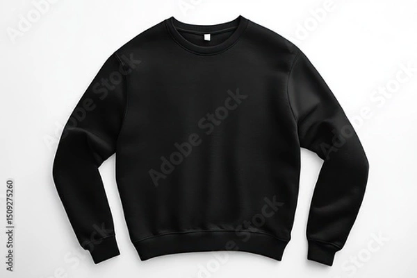 Fototapeta A black long sleeved sweatshirt laid flat on a white surface in a studio setting