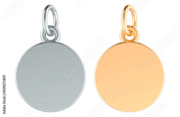 Obraz Round Pendant Charms, Gold and Silver. 3D Rendering