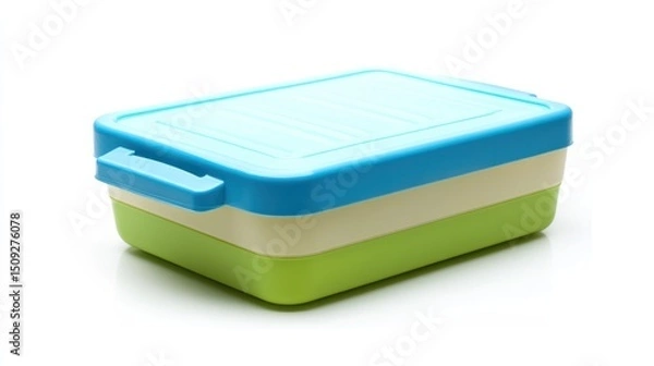 Fototapeta A layered lunchbox with a light blue lid and handle on a white background surface