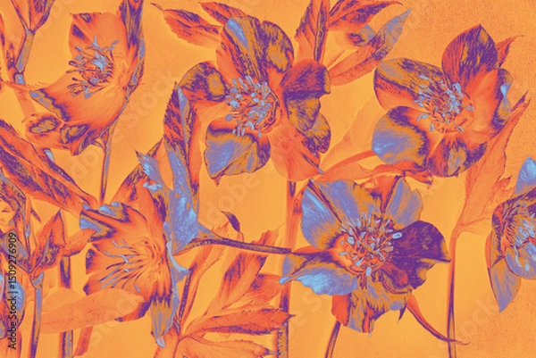 Fototapeta Stylized flowers with digital effects in vivid orange, blue, and purple tones, creating a bold and artistic botanical composition.
