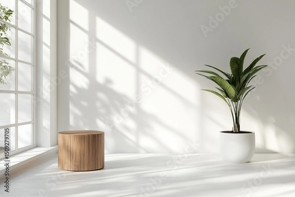 Obraz Clean white studio with wooden cylinder for products