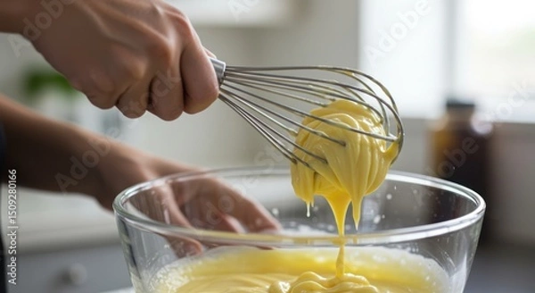 Obraz Delicious batter creation, home baking process using whisk and glass bowl