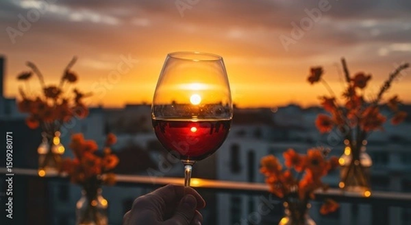Obraz Sunset reflections in a glass of red wine, romantic evening scene with flowers