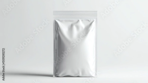 Fototapeta A close up of a sealed white plastic pouch on a white background in studio light