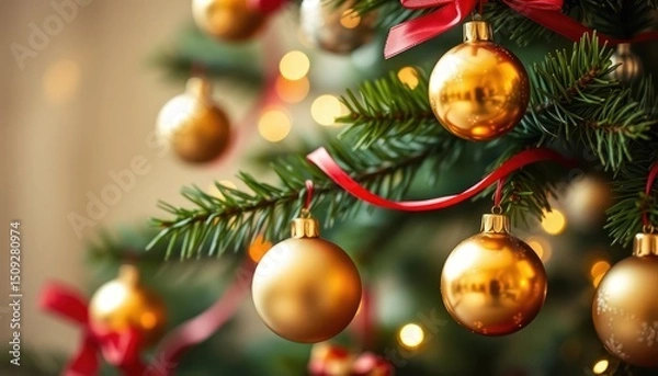 Fototapeta Festive Christmas Tree Decorations with Golden Ornaments and Bright Bokeh