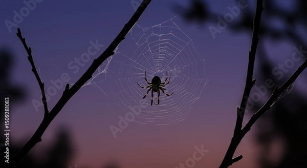 Obraz Silhouette of a spider in its web against a dusky twilight sky
