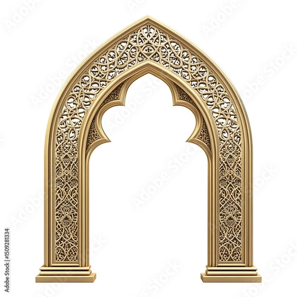 Obraz Arabic Golden Arch. Islamic Architecture Shape For Muslim Holidays. Design Elements Door, Frame, Window. Realistic. Ramadhan On Clear Png Background