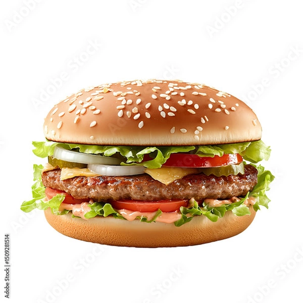 Obraz Appetizing Meat Burger With Lettuce Onion Tomato On Clear Png Background