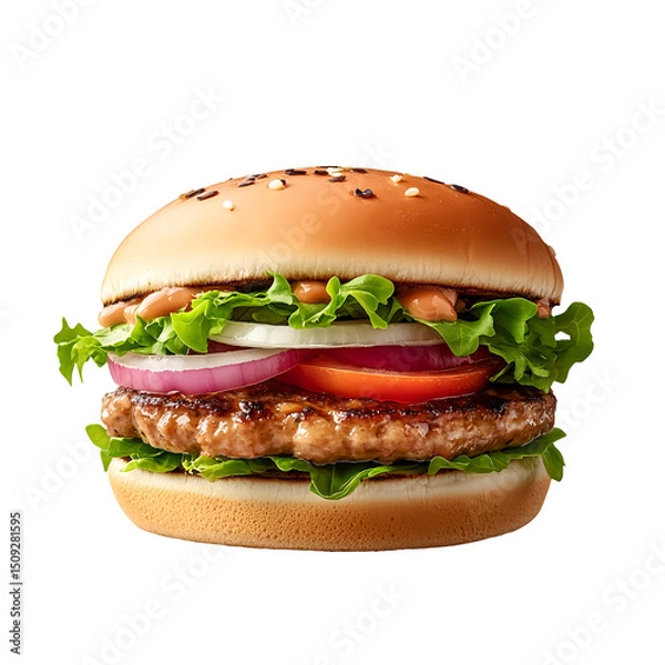 Obraz Appetizing Meat Burger With Lettuce Onion Tomato On Clear Png Background