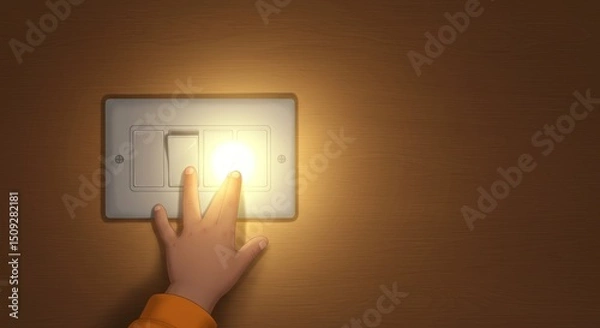 Obraz Child's hand turning on a light switch with light illuminating the room