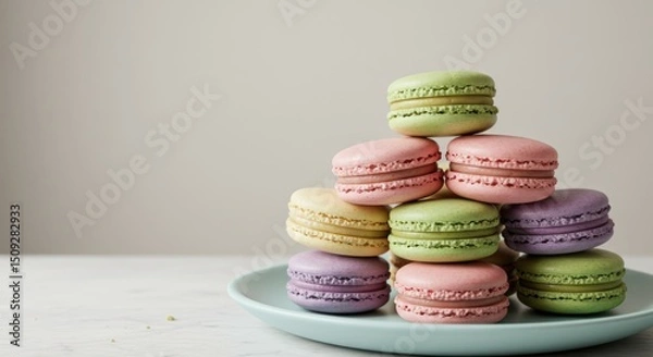 Obraz Delicate macarons stacked in a colorful tower on a pastel plate