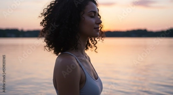 Obraz Serene woman meditating at dusk by the tranquil lake, capturing inner peace