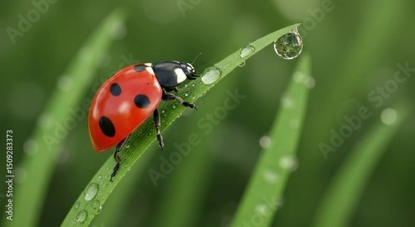 Obraz A ladybug crawling on a leaf with water droplets in macro photography