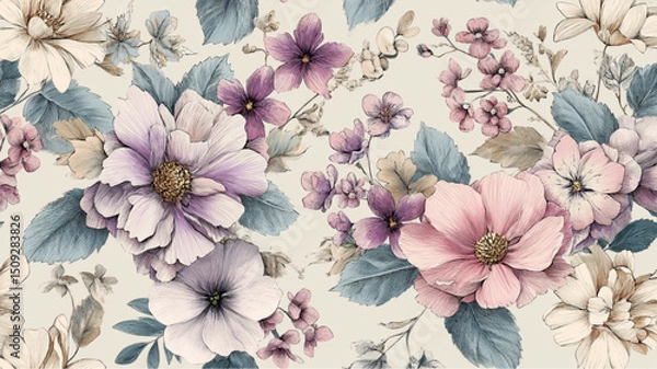 Obraz Floral pattern featuring large blooms in shades of pink purple and white with green and blue leaves