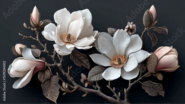 Obraz A detailed close up of magnolia flowers with buds and leaves against a dark gray background art piece