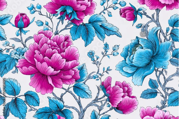 Obraz Detailed floral pattern with pink and blue flowers and leaves on a white background design texture wallpaper