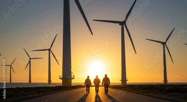 Obraz Three engineers walking towards offshore wind turbine farm at golden sunset
