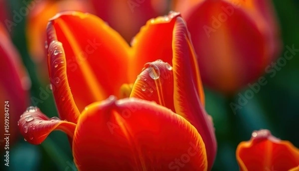 Fototapeta Vibrant close-up of red tulips with delicate water droplets on petals