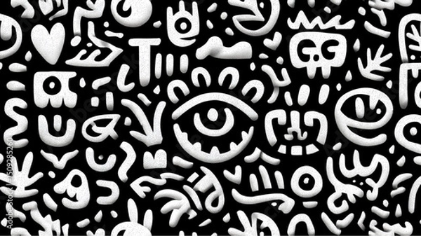 Obraz A black background filled with white abstract shapes and symbols in a seamless pattern design