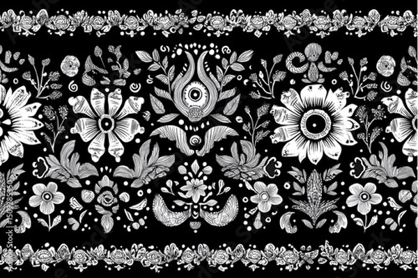 Obraz Black and white floral pattern with decorative elements in a repeating horizontal arrangement design