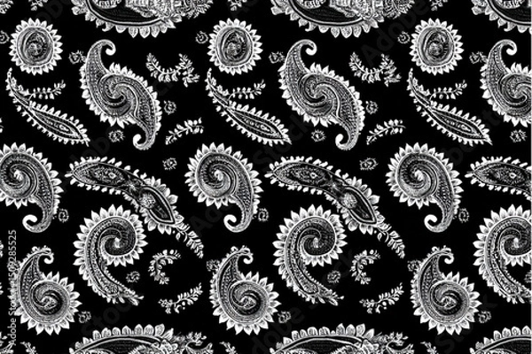 Obraz A detailed black and white paisley pattern with swirling shapes and floral elements scattered throughout it