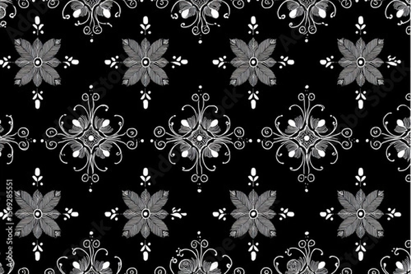 Obraz Seamless pattern of white floral and swirl designs on a black background for decorative applications