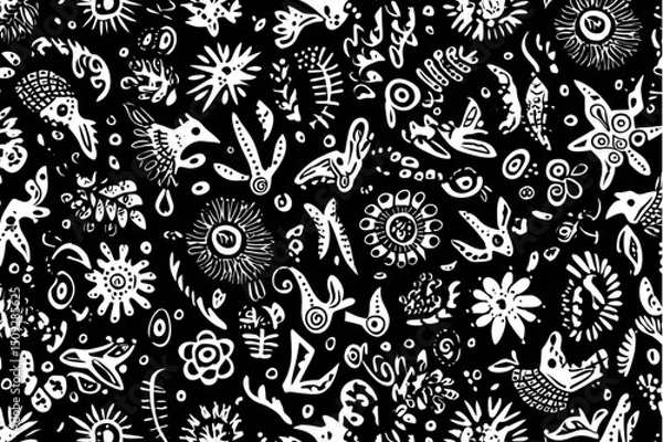 Obraz A black background filled with various white floral and abstract shapes in a seamless pattern style