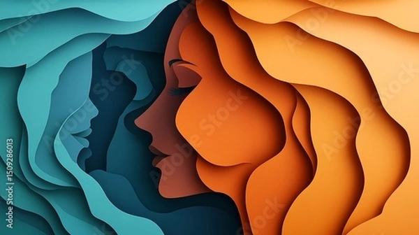 Fototapeta Layered Papercut Portraits Abstract Art Design