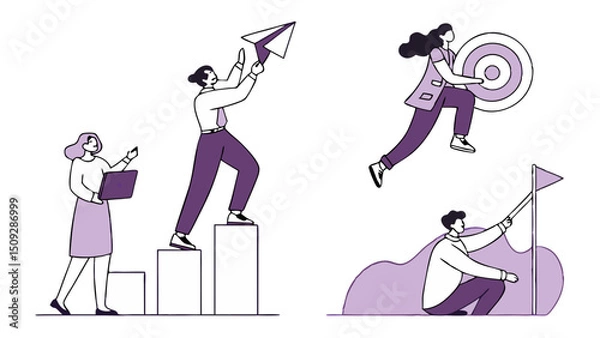 Fototapeta People pursuing goals with paper airplane, target, flag, and climbing bar chart in a graphic artwork